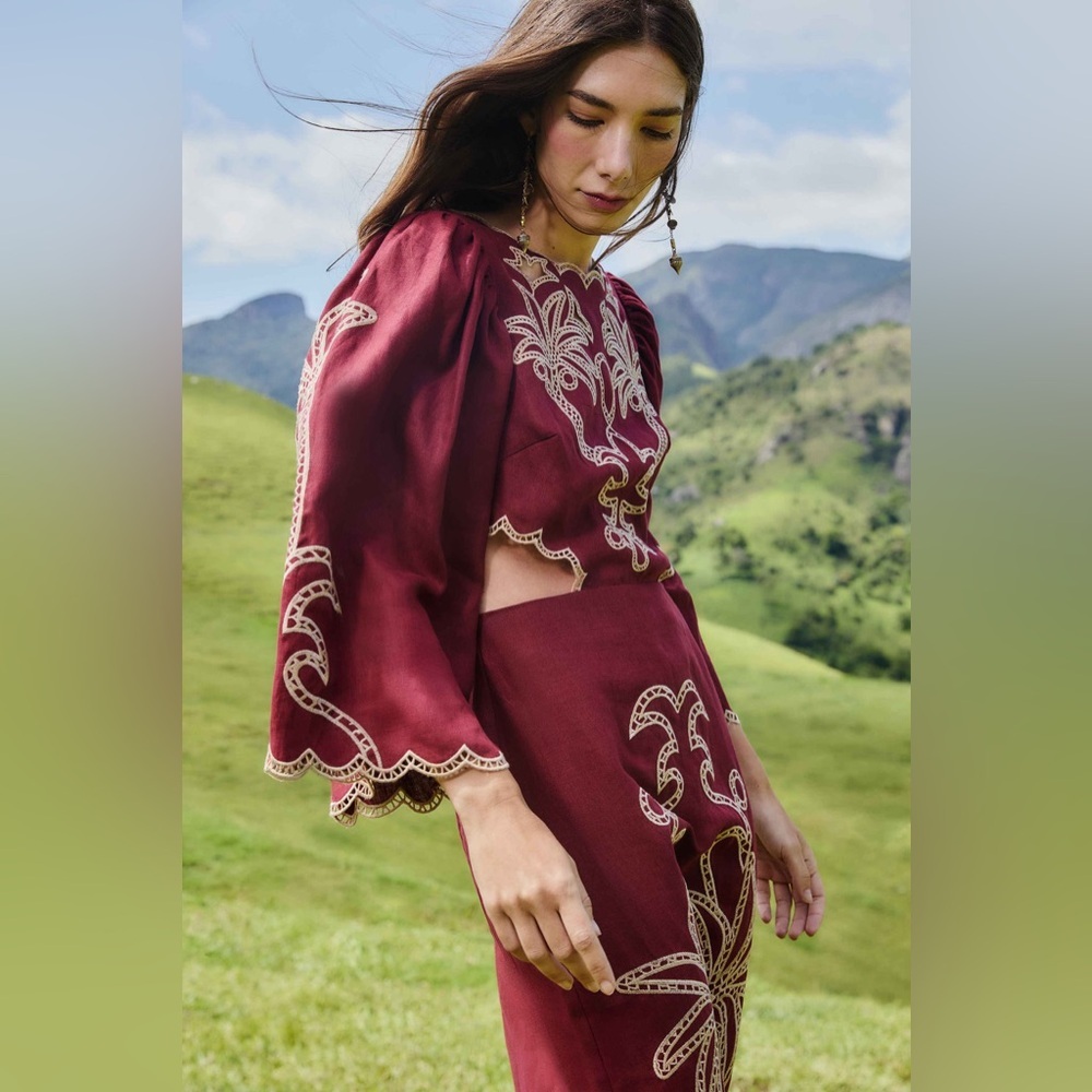 Farm Rio: Red Artisanal Cut-Out Embroidered Euroflax™ Premium Linen Maxi Dress - Picture 4 of 11